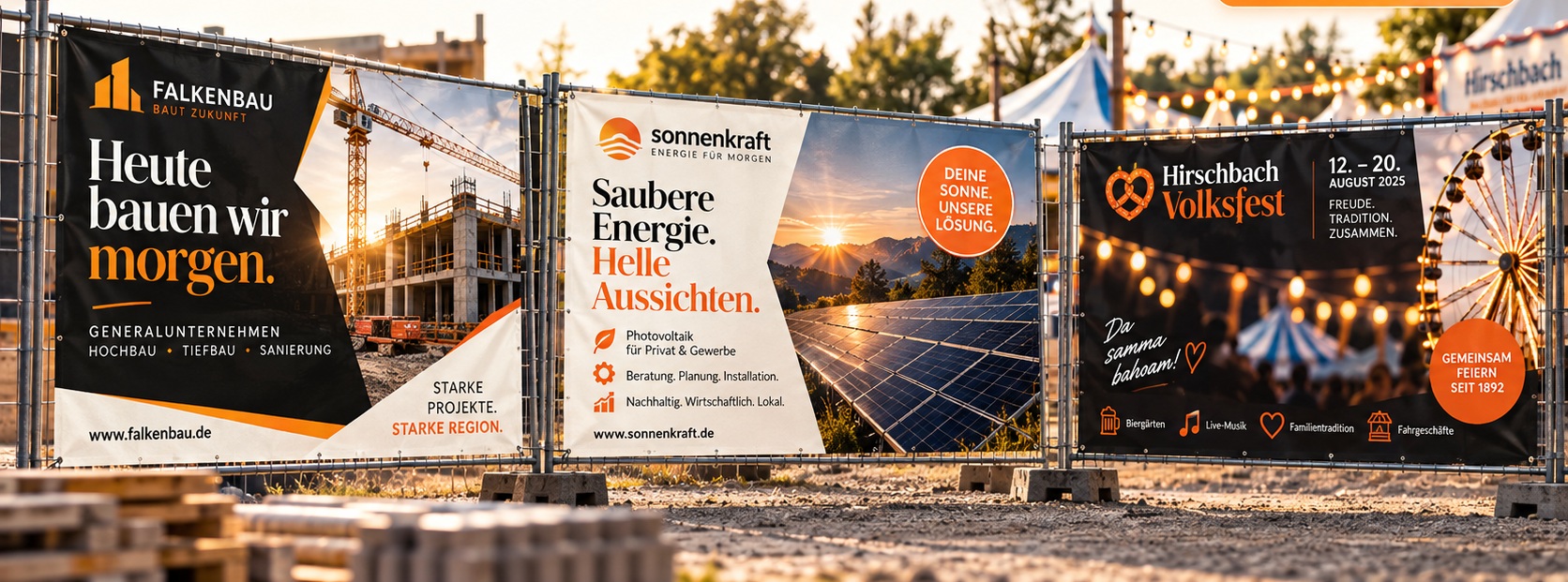 Drei Bauzaunbanner für Bauunternehmen, Photovoltaik und Volksfest