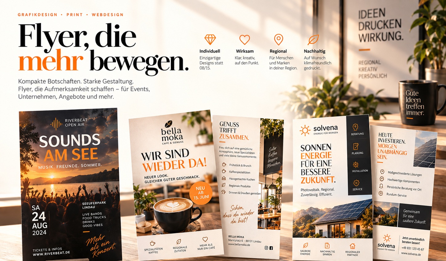 Flyer-Beispiele für Veranstaltung, Café und Photovoltaik