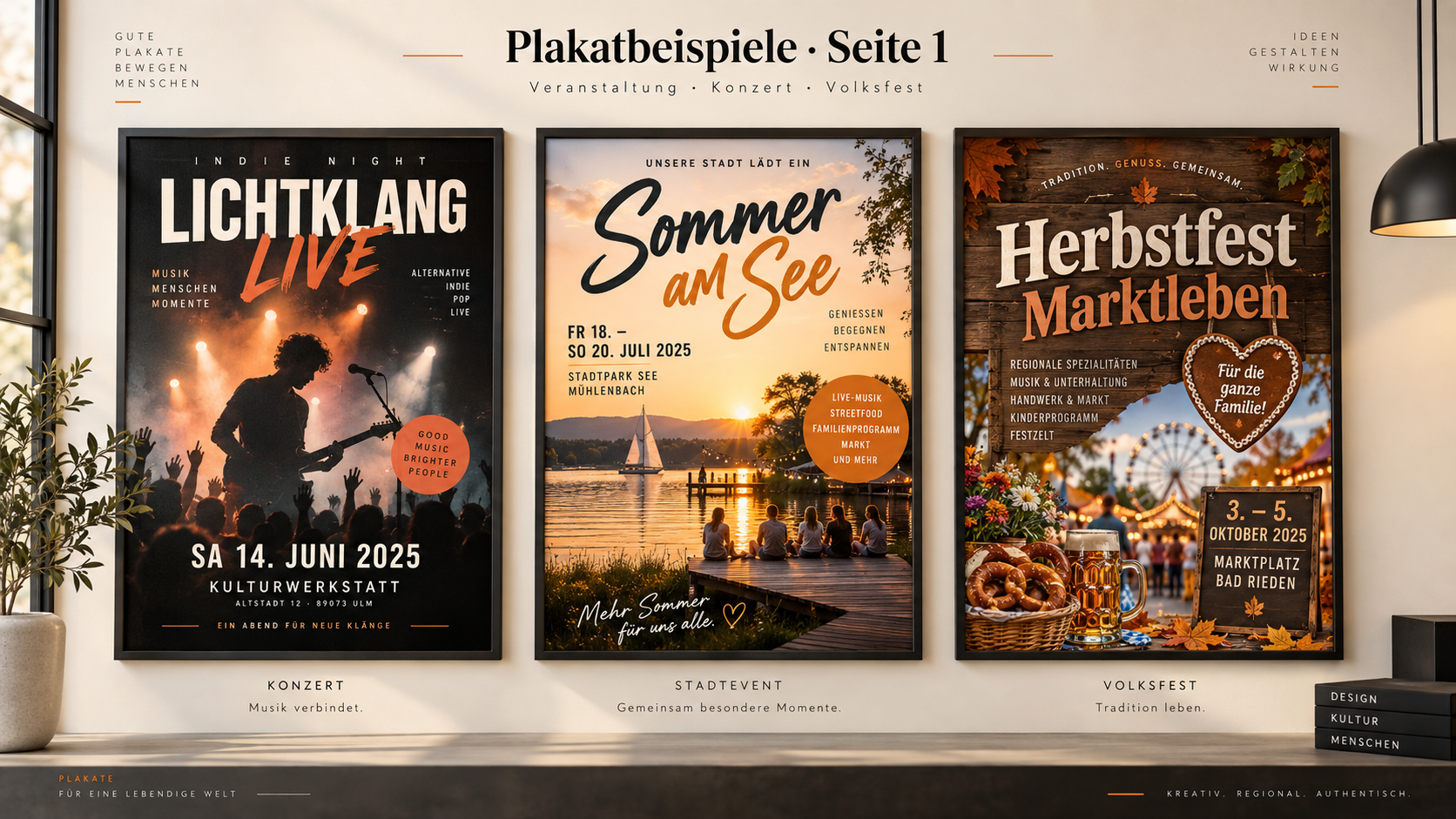 Drei hochwertige Plakatbeispiele für Konzert, Stadtveranstaltung und Volksfest