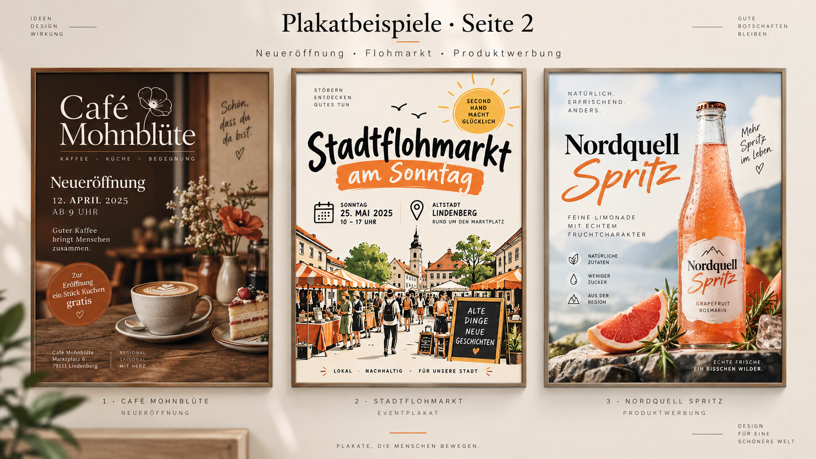 Drei hochwertige Plakatbeispiele für Café Neueröffnung, Stadtflohmarkt und Produktwerbung