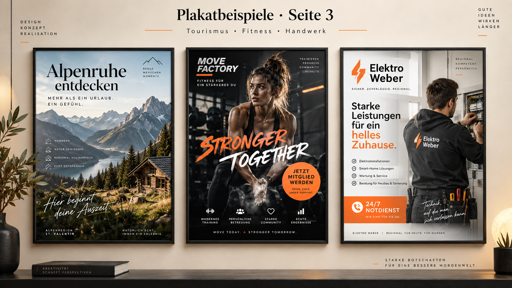 Drei hochwertige Plakatbeispiele für Tourismus, Fitness und Handwerk