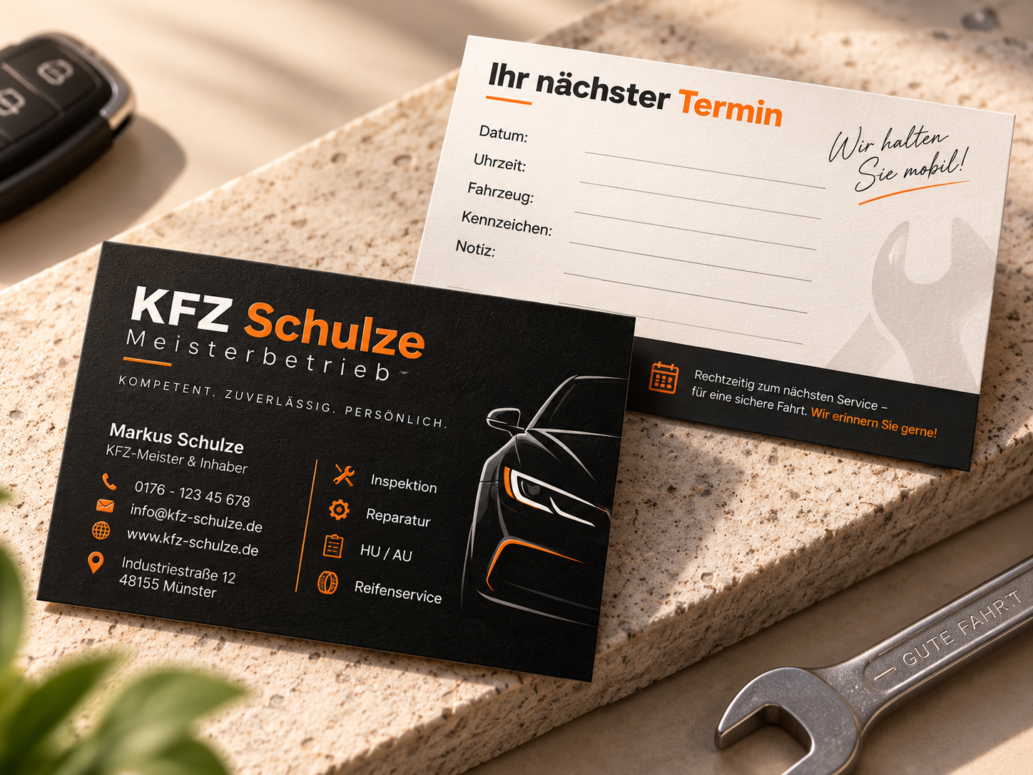 Zweiseitige Visitenkarte für KFZ Schulze Meisterbetrieb mit Fahrzeugmotiv und Rückseite für den nächsten Kundentermin