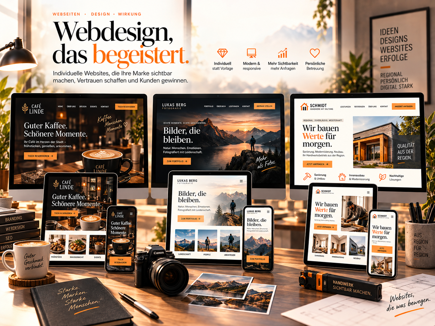Webdesign Beispiele auf Desktop Tablet und Smartphone