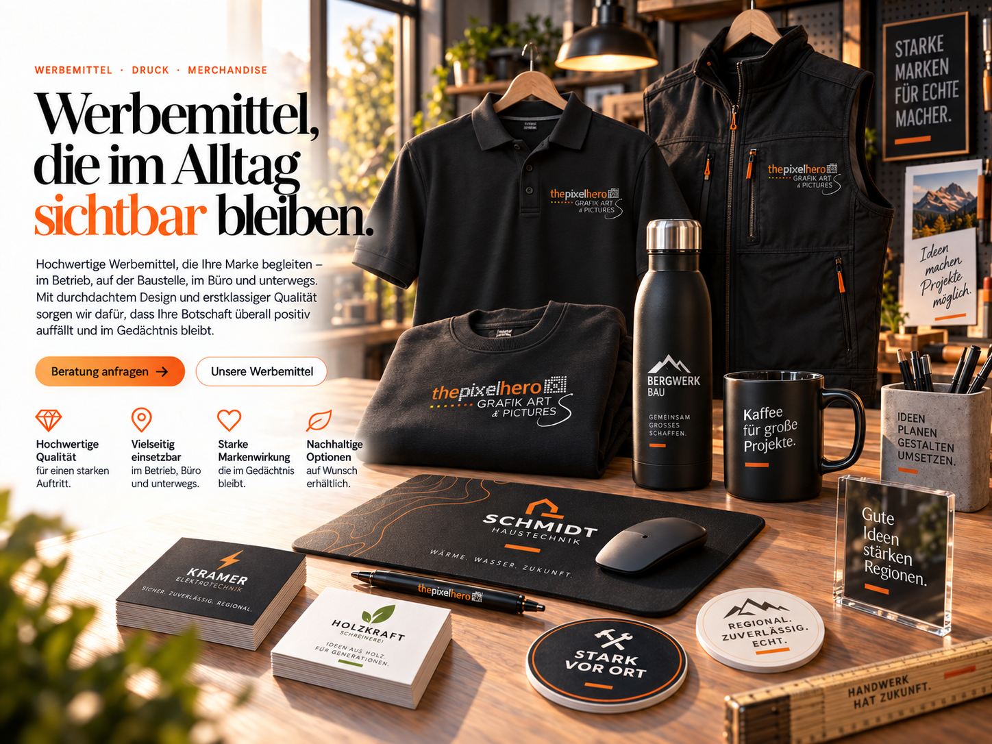 Werbemittel für Unternehmen und Handwerk mit Textilien, Flaschen, Tassen, Visitenkarten und weiteren Markenartikeln